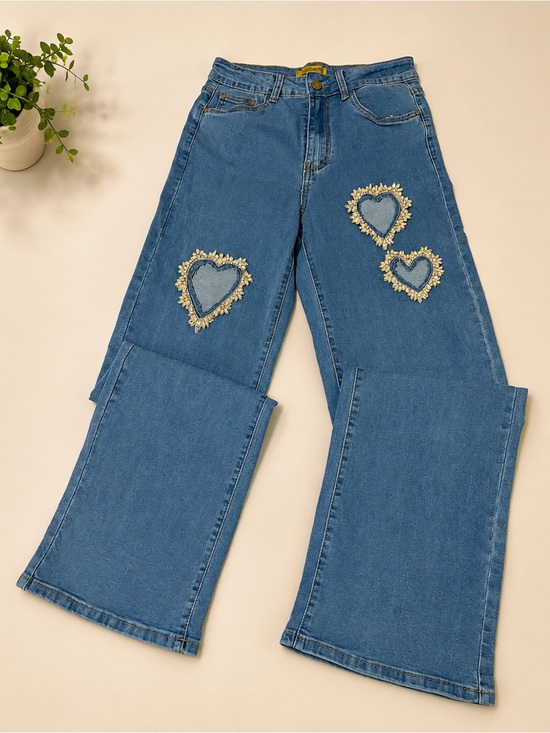 Denim - Blue Heart-Appliqué Wide-Leg Women's Jeans